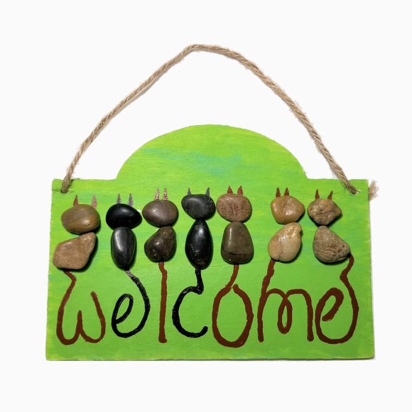 Pebble Art Cat Welcome Sign Handmade - Picture 1 of 2